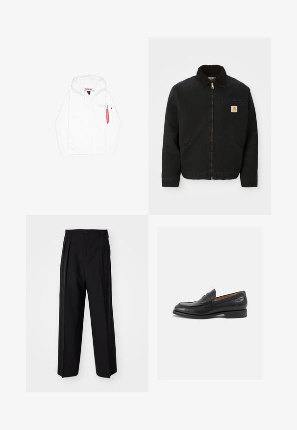 Sort zip-up jakke med brun kordfløjlskrave, to sidelommer og et lille firkantet Carhartt logo patch på venstre bryst.; Hvid hoodie med en frontlomme, snørehætte og en side-lomme med lynlås. Har et lille logo på brystet og et rødt stofmærke.; Sorte plisserede bukser med et lige, bred ben-design. Fremstillet af glat stof, med en knaplukning og bæltesløjfer.; Sorte læder loafers med en glat finish, rund tå og dekorativ syning på vampen. Lav stablet hæl og let glans.