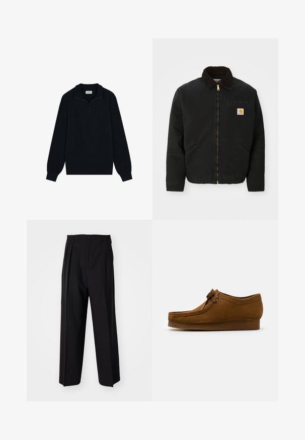 Black zip-up jacket with brown corduroy collar, two side pockets, and a small square Carhartt logo patch on the left chest.; Black zip-up sweater made of soft material, featuring a collared neck, long sleeves, and a subtle logo detail on the chest.; Black pleated trousers with a straight, wide-leg design. Made from smooth fabric, featuring a button closure and belt loops.; Brown suede shoe featuring a round toe and low heel, detailed stitching along the seams, and a lace-up front. Soft texture with streamlined design.