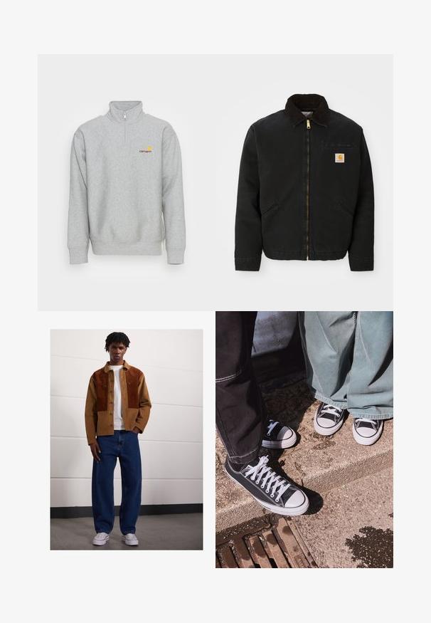 Crna jakna na zip s okovratnikom od smešnog kordura, dva bočna džepa i mala kvadratna oznaka Carhartt na lijevoj strani prsiju.; Carhartt WIP HALF ZIP AMERICAN SCRIPT - Sportska majica - grey heather; Muškarac stoji unutra odjeven u smeđi široki šal s hrđavim mrljama, bijelu majicu, labave plave traperice i bijele tenisice.; Crne platnene tenisice niskog kroja s bijelim gumenim kapicama i vezicama, uparene s širokim zelenim trapericama, na strukturiranoj kamenoj površini.