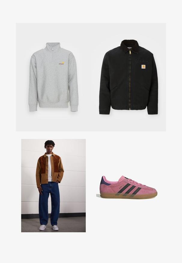 Juodas užtrauktukas švarkas su rudąja kordurojo apykakle, dviem šoninėm kišenėm ir mažas kvadratinis Carhartt logotipo pleistras kairėje krūtinės pusėje.; Carhartt WIP HALF ZIP AMERICAN SCRIPT - Sportinis megztinis - grey heather; Vyras, stovintis patalpose, apsirengęs rudų veliūrinių švarku su rust spalvos dėmėmis, balta marškinėliais, laisvomis mėlynomis džinsomis ir baltais sportbačiais.; Rožiniai suediniai sportbačiai su juodomis juostelėmis, gumos padas ir tekstūruotas purpurinis kulnas. Yra šnarančios auselės ir įspaustas prekės ženklas šone.