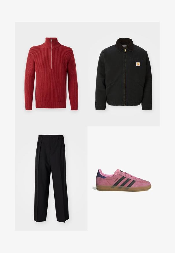 Mustapaita, jossa on ruskea corduroy-kaulus, kaksi sivutaskua ja pieni neliömäinen Carhartt-logopatchi vasemmassa rinnassa.; Punainen ribbikuvioinen neulepusero, jossa on korkea kaulus ja puolivälin vetoketju. Kankaan rakenne on teksturoitu ja lämmin, sopiva viileämpään säähän.; Mustat laskostetut housut, joissa on suora, leveä lahje. Valmistettu sileästä kankaasta, jossa on nappisuljenta ja vyölenkit.; Vaaleanpunaiset mokkanahkakengät mustilla raidoilla, kumipohjalla ja teksturoidulla purppurakorkealla. Varustettu nauhakiinnityksellä ja kohokuvioidulla brändäyksellä sivussa.