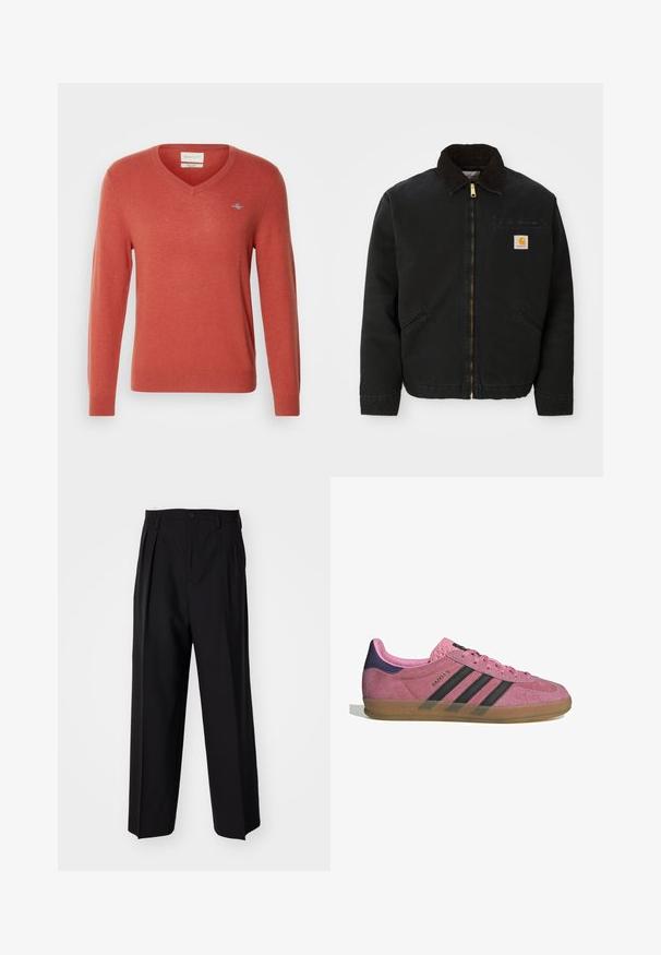 Melns zip-up jaka ar brūnu korduroja apkakli, divām sānu kabatām un mazu kvadrātveida Carhartt logotipa uzšuvumu kreisajā krūtī.; Korallkrāsas V-veida kakla džemperis, izgatavots no mīksta adīta auduma. Tam ir garas piedurknes, ribotas aproces un mazs logo uz krūtīm.; Melnas plisētās bikses ar taisnu, plata kāja dizainu. Izgatavotas no gludas auduma, ar pogu aizdari un jostas cilpiņām.; Rozā zamšādas sporta apavi ar melnām svītrām, gumijas zoli un teksturētu purpura papēdi. Iezīmējas ar auklēšanas dizainu un izspiestu zīmolu sānos.