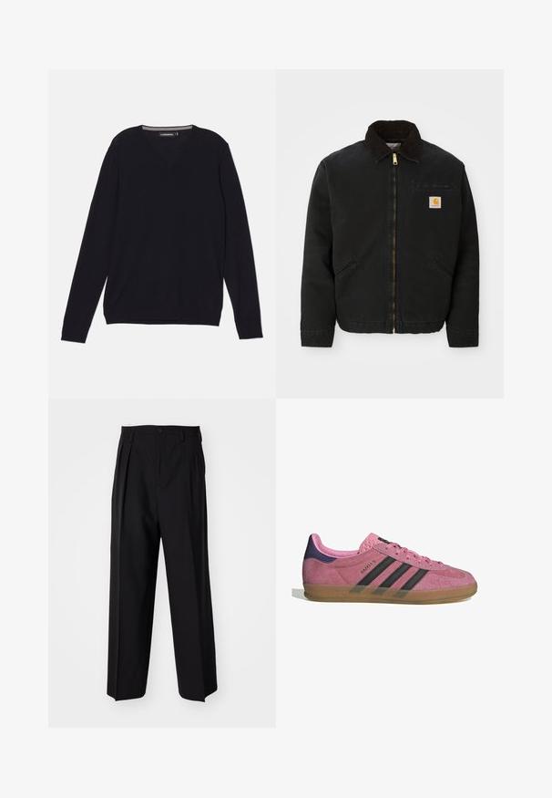 Zwarte ritsjack met een bruine corduroy kraag, twee zijzakken en een klein vierkant Carhartt logo-patch op de linkerborst.; Zwarte lange mouwen V-hals sweater van een gladde, lichte stof. Inclusief geribde boorden en zoom voor een getailleerd uiterlijk.; Zwarte geplooide broeken met een rechte, brede pijpontwerp. Gemaakt van soepele stof, met een knoopsluiting en riemlussen.; Roze suède sneaker met zwarte strepen, rubberen zool en textuur op de paarse hak. Voorzien van een vetersluiting en opgedrukte merknaam aan de zijkant.