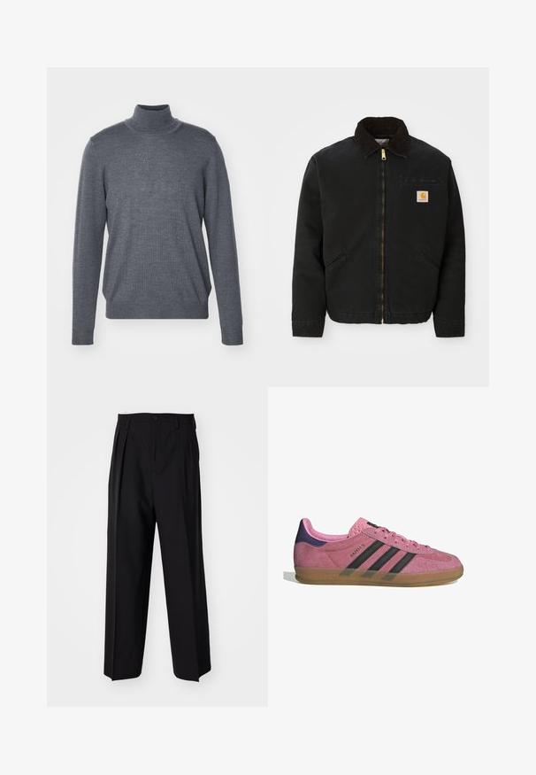 Giacca nera con zip e colletto in corduroy marrone, due tasche laterali e una piccola toppa quadrata con il logo Carhartt sul petto sinistro.; Maglione grigio a collo alto realizzato in morbido tessuto a maglia, con maniche lunghe, un colletto aderente e una superficie liscia. Senza fantasie o dettagli.; Pantaloni neri a pieghe con un design dritto e gamba larga. Realizzati in tessuto morbido, con chiusura a bottone e passanti per cintura.; Sneaker in suede rosa con strisce nere, suola in gomma e tallone texturizzato viola. Presenta un design con lacci e un marchio in rilievo sul lato.