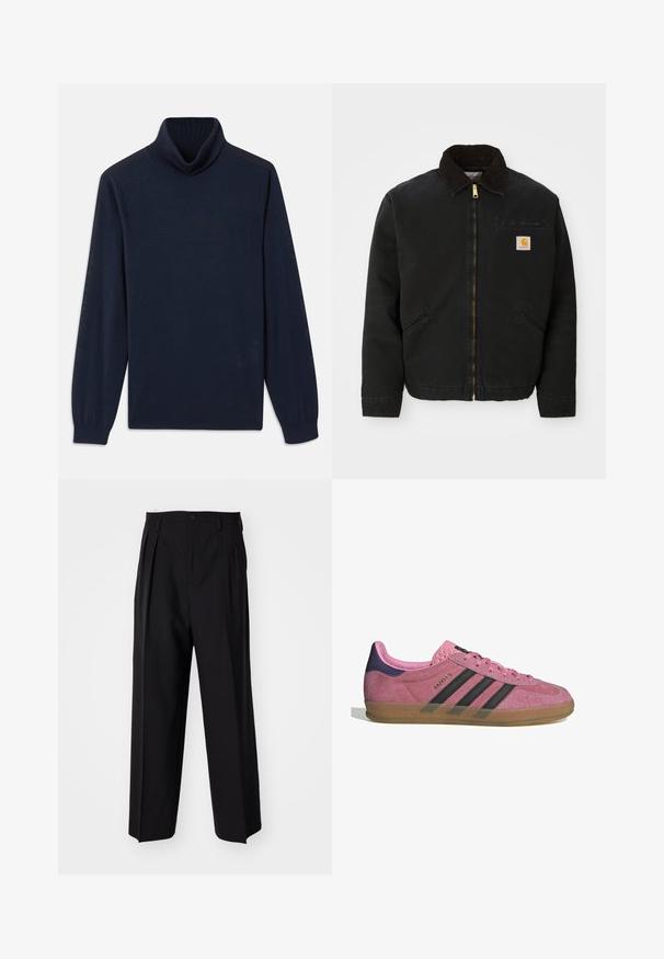 Juodas užtrauktukas švarkas su rudąja kordurojo apykakle, dviem šoninėm kišenėm ir mažas kvadratinis Carhartt logotipo pleistras kairėje krūtinės pusėje.; Jūros tarybos tamsiai mėlynės golfo megztinis, pagamintas iš lygios medžiagos, turi raštuotą apykaklę ir ilgus rankoves su prigludusiomis manžetėmis. Paprastas dizainas, be raštų.; Juodi klostuoti kelnių, su tiesiu, plačiu kojų dizainu. Pagaminti iš lygios medžiagos, su mygtukų uždarymu ir diržo kilputėmis.; Rožiniai suediniai sportbačiai su juodomis juostelėmis, gumos padas ir tekstūruotas purpurinis kulnas. Yra šnarančios auselės ir įspaustas prekės ženklas šone.