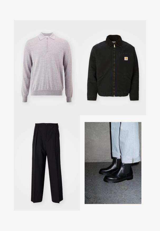 Mustan lukuga vest, millel on pruunist kangast krae, kaks küljetaskut ja väike ruudukujuline Carhartti logo patch vasakul rinnal.; Hele halli soonik, millel on lukuga kaelus, pikad varrukad, soonikkoes randmed ja äär. Pehme tekstuur, lõdva lõikega ja minimalistik disain.; Mustad volditud püksid sirge ja laia säärega disainiga. Valmistatud siledast kangast, millel on nuppudega sulgemine ja vööaasad.; Mustad mustad Chelsea saapad elastsete külgpaneelidega ja tekstureeritud kummist tallaga, koos helesiniste voltidega teksapükstega.