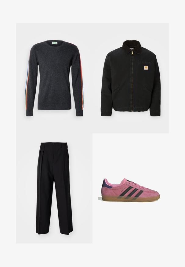 Mustapaita, jossa on ruskea corduroy-kaulus, kaksi sivutaskua ja pieni neliömäinen Carhartt-logopatchi vasemmassa rinnassa.; Tummanharmaa neule, jossa on pitkät hihat, ja olkapäillä on sateenkaaren värisiä raitoja. Valmistettu pehmeästä kankaasta, jossa on pyöreä kaula-aukko.; Mustat laskostetut housut, joissa on suora, leveä lahje. Valmistettu sileästä kankaasta, jossa on nappisuljenta ja vyölenkit.; Vaaleanpunaiset mokkanahkakengät mustilla raidoilla, kumipohjalla ja teksturoidulla purppurakorkealla. Varustettu nauhakiinnityksellä ja kohokuvioidulla brändäyksellä sivussa.