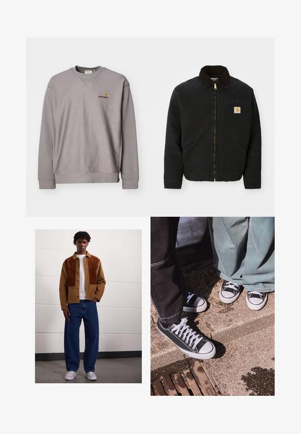 Casaco preto com fecho zip, colarinho de cabedal castanho, dois bolsos laterais e um pequeno patch quadrado com o logótipo da Carhartt no lado esquerdo do peito.; Sweatshirt cinza com gola redonda, punhos canelados e um logótipo subtil em bordado amarelo e bordô. Feito de um tecido macio e texturizado.; Homem de pé dentro de casa, vestindo um casaco de veludo cotelê castanho com mancha de ferrugem, uma t-shirt branca, jeans azuis largos e sapatilhas brancas.; Sapatilhas baixas em tela preta com bicos e cordões de borracha brancos, combinadas com calças de ganga largas verdes, sobre uma superfície de pedra texturizada.