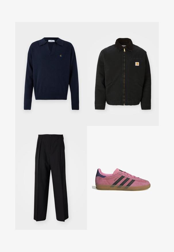 Melns zip-up jaka ar brūnu korduroja apkakli, divām sānu kabatām un mazu kvadrātveida Carhartt logotipa uzšuvumu kreisajā krūtī.; Tumši zils adīts džemperis ar garām piedurknēm, ar ribveida aprocēm un apakšmalu, atvērtu apkakli un mazu krāsainu izšūtu logotipu kreisajā krūšu pusē.; Melnas plisētās bikses ar taisnu, plata kāja dizainu. Izgatavotas no gludas auduma, ar pogu aizdari un jostas cilpiņām.; Rozā zamšādas sporta apavi ar melnām svītrām, gumijas zoli un teksturētu purpura papēdi. Iezīmējas ar auklēšanas dizainu un izspiestu zīmolu sānos.