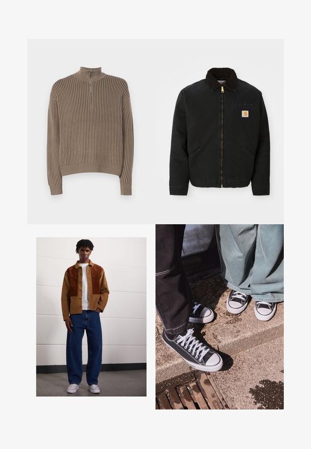 Black zip-up jacket with brown corduroy collar, two side pockets, and a small square Carhartt logo patch on the left chest.; Brown ribbed sweater with high neck and half zipper, featuring long sleeves and a relaxed fit. Texture is soft and knit.; Man standing indoors wearing a brown corduroy jacket with rust patches, white t-shirt, loose blue jeans, and white sneakers.; Black canvas low-top sneakers with white rubber toe caps and laces, paired with wide green denim pants, on a textured stone surface.