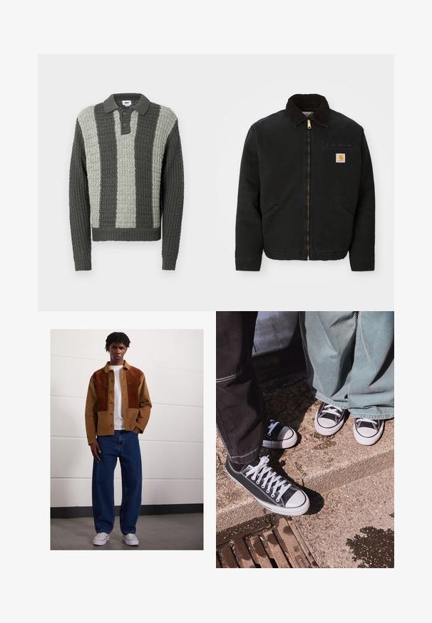 Black zip-up jacket with brown corduroy collar, two side pockets, and a small square Carhartt logo patch on the left chest.; Knitted polo sweater in gray and light green with a textured pattern. Features a collar and three buttons, ribbed cuffs and hem.; Man standing indoors wearing a brown corduroy jacket with rust patches, white t-shirt, loose blue jeans, and white sneakers.; Black canvas low-top sneakers with white rubber toe caps and laces, paired with wide green denim pants, on a textured stone surface.