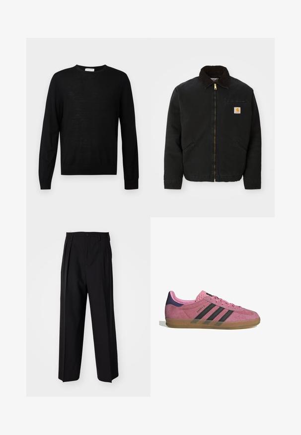 Juodas užtrauktukas švarkas su rudąja kordurojo apykakle, dviem šoninėm kišenėm ir mažas kvadratinis Carhartt logotipo pleistras kairėje krūtinės pusėje.; Juodas ilgų rankovių megztinis, pagamintas iš minkštos medžiagos, turi apvalų iškirpimą, raukšlėtas rankogalius ir tiesią apatinę dalį. Minimalistinis dizainas, be raštų.; Juodi klostuoti kelnių, su tiesiu, plačiu kojų dizainu. Pagaminti iš lygios medžiagos, su mygtukų uždarymu ir diržo kilputėmis.; Rožiniai suediniai sportbačiai su juodomis juostelėmis, gumos padas ir tekstūruotas purpurinis kulnas. Yra šnarančios auselės ir įspaustas prekės ženklas šone.