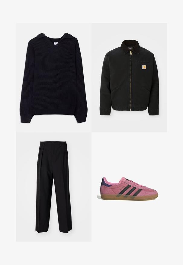 Černá zipová bunda s hnědým kordovým límcem, dvě boční kapsy a malá čtvercová nášivka s logem Carhartt na levé hrudi.; Černý žebrovaný svetr s výstřihem do V a přeloženým límcem. Má dlouhé rukávy a texturovaný pletený vzor. Měkký materiál.; Černé skládací kalhoty s rovnými, širokými nohavicemi. Vyrobené z hladké tkaniny, se zapínáním na knoflík a poutky na opasek.; Růžové semišové tenisky s černými pruhy, gumovou podrážkou a strukturovaným fialovým podpatkem. Disponují šněrovacím designem a embosovaným logem na boku.
