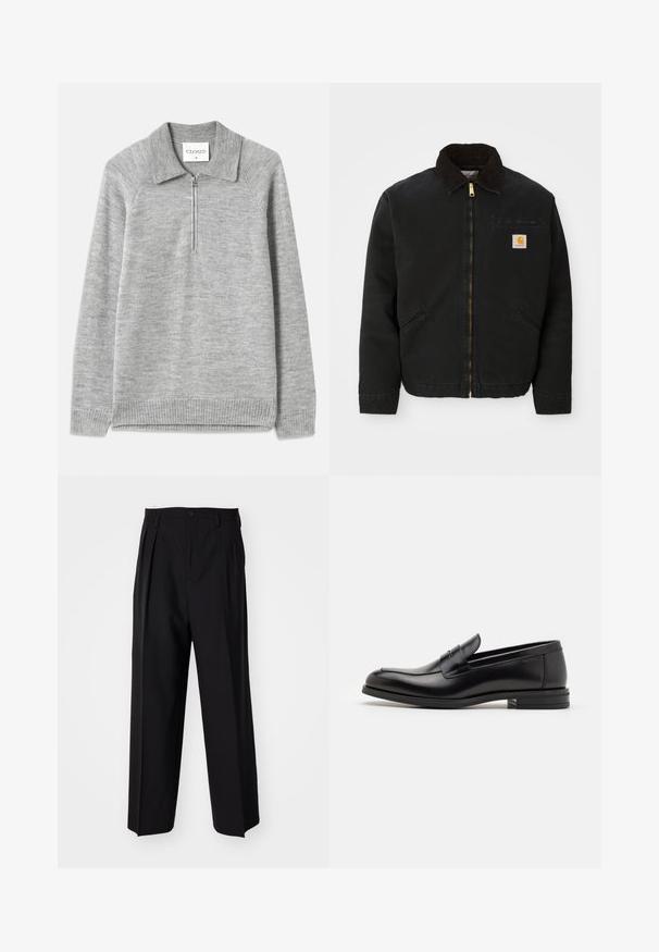 Melns zip-up jaka ar brūnu korduroja apkakli, divām sānu kabatām un mazu kvadrātveida Carhartt logotipa uzšuvumu kreisajā krūtī.; Pelēks džemperis ar apkakli un pusi rāvējslēdzēja. Izgatavots no mīksta adījuma materiāla, ar ribotām malām un piedurknēm, ar gludu tekstūru.; Melnas plisētās bikses ar taisnu, plata kāja dizainu. Izgatavotas no gludas auduma, ar pogu aizdari un jostas cilpiņām.; Melnas ādas kurpes ar gludu tekstūru, noapaļu purngalu un dekoratīvu siksniņu pāri priekšpusei. Zems sakrauts papēdis, minimālisma dizains.