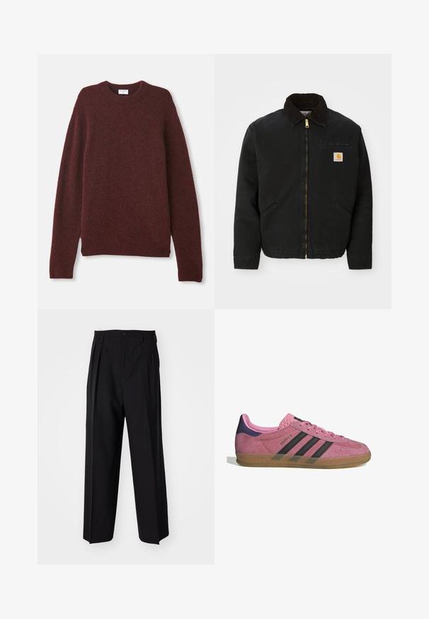 Mustapaita, jossa on ruskea corduroy-kaulus, kaksi sivutaskua ja pieni neliömäinen Carhartt-logopatchi vasemmassa rinnassa.; Burgundy-neule pehmeästä kankaasta, jossa on klassinen pyöreä kaula-aukko, pitkät hihat ja rento istuvuus. Ei kuvioita tai näkyvää varustusta.; Mustat laskostetut housut, joissa on suora, leveä lahje. Valmistettu sileästä kankaasta, jossa on nappisuljenta ja vyölenkit.; Vaaleanpunaiset mokkanahkakengät mustilla raidoilla, kumipohjalla ja teksturoidulla purppurakorkealla. Varustettu nauhakiinnityksellä ja kohokuvioidulla brändäyksellä sivussa.
