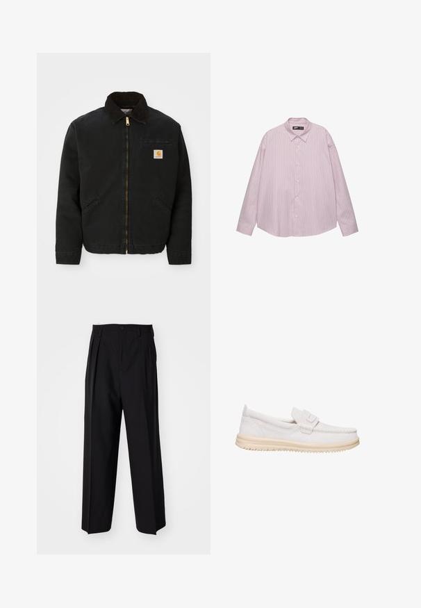 Schwarze zip-up Jacke mit braunem Cordkragen, zwei Seitentaschen und einem kleinen quadratischen Carhartt-Logo-Patch auf der linken Brust.; Helles rosa Button-down-Hemd mit vertikalen blauen Streifen, Kragen, langen Ärmeln und lockerer Passform. Aus glattem Stoff mit leichtem Glanz gefertigt.; Schwarze, plissierte Hose mit geradem, weitem Bein. Hergestellt aus glattem Stoff, mit Knopfverschluss und Gürtelschlaufen.; Helle beige Wildleder Slipper mit einer strukturierten Oberfläche, geschlossener Zehenpartie, Steppnähten und einer flexiblen Gummisohle.