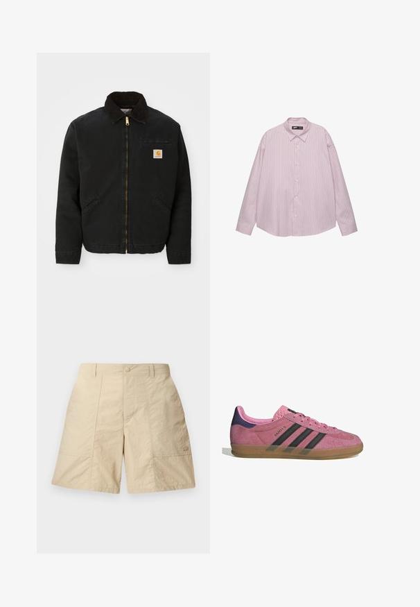 Čierna zipsová bunda s hnedým kordovým golierom, dvoma bočnými vreckami a malou štvorcovou nášivkou s logom Carhartt na ľavej hrudi.; Svetloružová košeľa na gombíky s vertikálnymi modrými pruhmi, s golierom, dlhými rukávmi a voľným strihom. Vyrobená z hladkej tkaniny s jemným leskom.; Béžové šortky s textúrovaným dokončením, s predným zapínaním na gombík, dvoma bočnými vreckami a malým logom na dolnom pravom rohu.; Rúžové semišové tenisky s čiernymi pruhmi, gumovou podrážkou a textúrovaným fialovým podpätkom. Obsahujú šnurovací dizajn a embosované logo na strane.