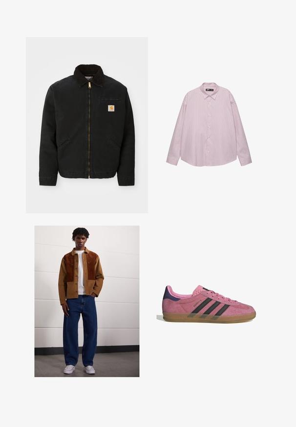 Čierna zipsová bunda s hnedým kordovým golierom, dvoma bočnými vreckami a malou štvorcovou nášivkou s logom Carhartt na ľavej hrudi.; Svetloružová košeľa na gombíky s vertikálnymi modrými pruhmi, s golierom, dlhými rukávmi a voľným strihom. Vyrobená z hladkej tkaniny s jemným leskom.; Muž stojí vo vnútorných priestoroch, oblečený v hnedých kordových sako so sivými škvrnami, biele tričko, voľné modré džínsy a biele tenisky.; Rúžové semišové tenisky s čiernymi pruhmi, gumovou podrážkou a textúrovaným fialovým podpätkom. Obsahujú šnurovací dizajn a embosované logo na strane.