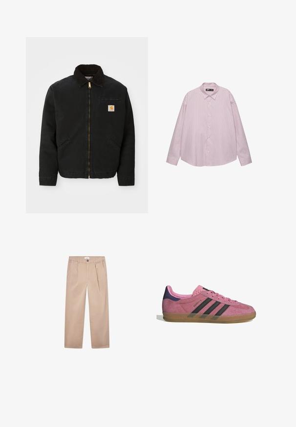 Čierna zipsová bunda s hnedým kordovým golierom, dvoma bočnými vreckami a malou štvorcovou nášivkou s logom Carhartt na ľavej hrudi.; Svetloružová košeľa na gombíky s vertikálnymi modrými pruhmi, s golierom, dlhými rukávmi a voľným strihom. Vyrobená z hladkej tkaniny s jemným leskom.; Khaki nohavice vyrobené z bavlny s rovnými nohavicami, s dvoma prednými vreckami, zapínaním na gombík a klasickým strihom.; Rúžové semišové tenisky s čiernymi pruhmi, gumovou podrážkou a textúrovaným fialovým podpätkom. Obsahujú šnurovací dizajn a embosované logo na strane.
