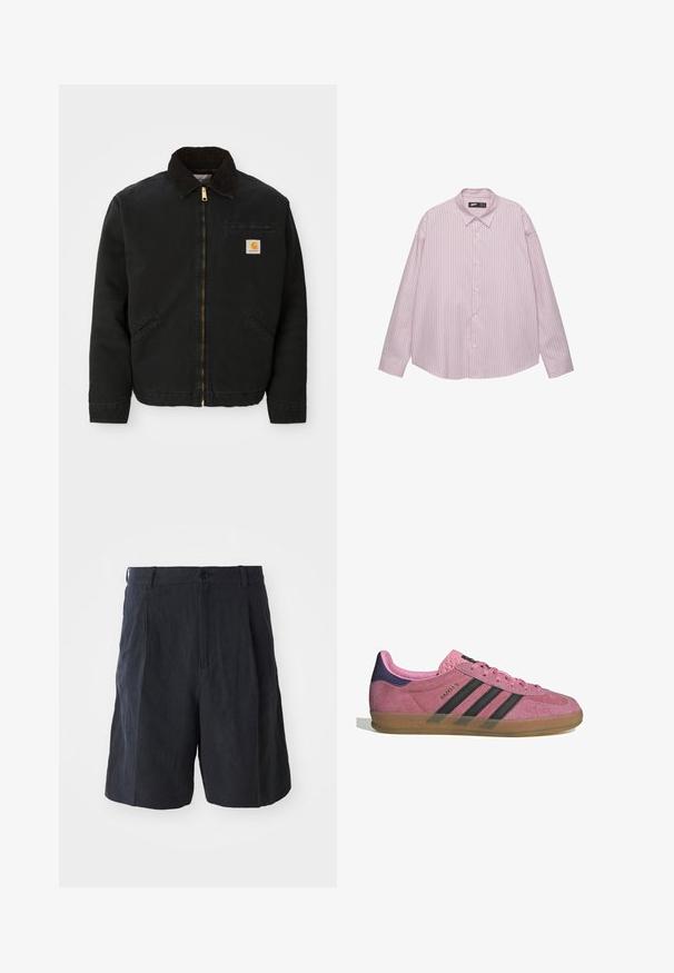 Czarna kurtka zapinana na zamek z brązowym kołnierzem z kordurowej tkaniny, dwa boczne kieszenie oraz mała, kwadratowa naszywka z logo Carhartt na lewej piersi.; Jasnoróżowa koszula zapinana na guziki z pionowymi niebieskimi paskami, z kołnierzykiem, długimi rękawami i luźnym krojem. Wykonana z gładkiej tkaniny o lekko połyskującej powierzchni.; Weekday - Szorty; Różowe zamszowe sneakersy z czarnymi paskami, gumową podeszwą i teksturowanym fioletowym piętą. Posiadają sznurowany design oraz wytłoczone logo na boku.