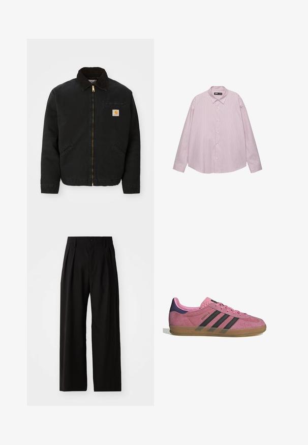 Czarna kurtka zapinana na zamek z brązowym kołnierzem z kordurowej tkaniny, dwa boczne kieszenie oraz mała, kwadratowa naszywka z logo Carhartt na lewej piersi.; Jasnoróżowa koszula zapinana na guziki z pionowymi niebieskimi paskami, z kołnierzykiem, długimi rękawami i luźnym krojem. Wykonana z gładkiej tkaniny o lekko połyskującej powierzchni.; Czarne spodnie o szerokiej nogawce z gładką teksturą, z dwiema plisami z przodu, z zapięciem na guzik i bocznymi kieszeniami. Trwały materiał.; Różowe zamszowe sneakersy z czarnymi paskami, gumową podeszwą i teksturowanym fioletowym piętą. Posiadają sznurowany design oraz wytłoczone logo na boku.
