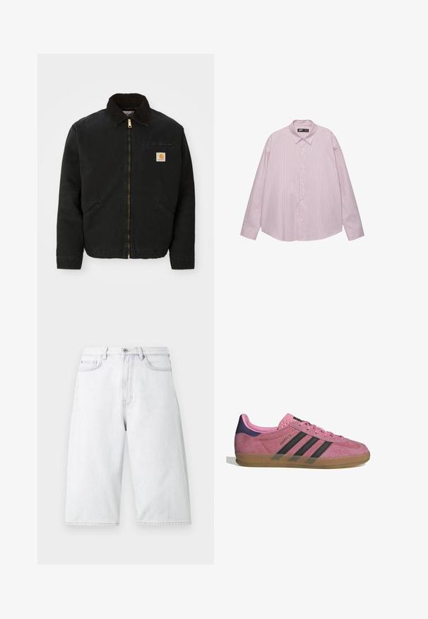 Fekete zipzáras dzseki barna kordbársony gallérral, két oldalsó zsebbe és egy kis négyzet alakú Carhartt logóval a bal mellen.; Világos rózsaszín gombos ing, függőleges kék csíkokkal, galléros nyakkal, hosszú ujjakkal és laza fazonnal. Simogató anyagból készült, enyhe fényességgel.; Világosszürke farmer rövidnadrág laza szabással, gombos derékrésszel, elülső zsebekkel és tiszta, egyenes szegésekkel.; Rózsaszín velúr sportcipő fekete csíkkal, gumi talppal és texturált lila sarokkal. Fűzős kialakítással és a márka dombornyomott logójával az oldalon.