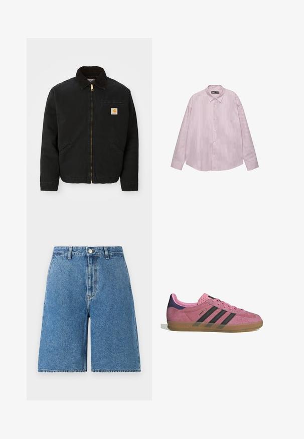 Crna jakna na zip s okovratnikom od smešnog kordura, dva bočna džepa i mala kvadratna oznaka Carhartt na lijevoj strani prsiju.; Svijetlopinkena košulja na dugih rukava s okovratnikom, s vertikalnim plavim prugama i lepršavim krojem. Izrađena od glatkog materijala s blagim sjajem.; Plave traperice kratke hlače visokog struka s prednjim kopčanjem na dugme, bočnim džepovima i ravnim krojem.; Roze nubuk tenisice s crnim prugama, gumeni potplat i teksturirani ljubičasti petni dio. Imaju vezivanje i utisnuti brend na strani.