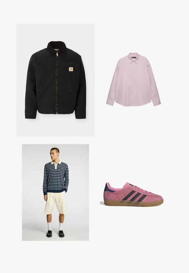 Černá zipová bunda s hnědým kordovým límcem, dvě boční kapsy a malá čtvercová nášivka s logem Carhartt na levé hrudi.; Světle růžová košile na knoflíky s vertikálními modrými pruhy, s límečkem, dlouhými rukávy a volným střihem. Vyrobena z hladkého materiálu s lehkým leskem.; Námořnický a bílý pruhovaný polo s dlouhým rukávem a krémovým límcem, v kombinaci se světle žlutými šortkami; model má na sobě bílé ponožky a černé boty.; Růžové semišové tenisky s černými pruhy, gumovou podrážkou a strukturovaným fialovým podpatkem. Disponují šněrovacím designem a embosovaným logem na boku.