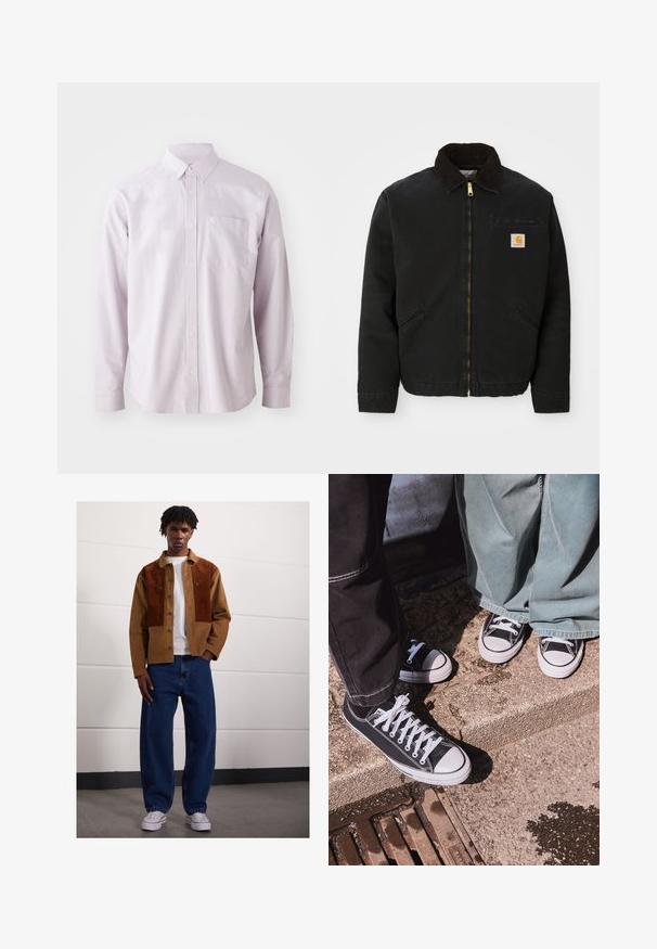 Zwarte ritsjack met een bruine corduroy kraag, twee zijzakken en een klein vierkant Carhartt logo-patch op de linkerborst.; Lichtpaarse lange mouwen knoopshirt van katoen, met een borstzak en een klassieke kraag met witte knopen.; Man die binnen staat en een bruine corduroyjas met roestvlekken, een wit T-shirt, losse blauwe spijkerbroeken en witte sneakers draagt.; Zwarte canvas lage sneakers met witte rubberen neusdeksels en veters, gecombineerd met brede groene denim broeken, op een gestructureerd stenen oppervlak.