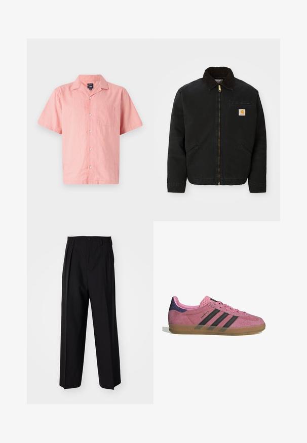 Melns zip-up jaka ar brūnu korduroja apkakli, divām sānu kabatām un mazu kvadrātveida Carhartt logotipa uzšuvumu kreisajā krūtī.; Īsa piedurkne, rozā krekls, izgatavots no viegla auduma, ar pogu aizdari priekšpusē, apkakli un vienu krūšu kabatu. Vienkārša dizaina un tekstūras.; Melnas plisētās bikses ar taisnu, plata kāja dizainu. Izgatavotas no gludas auduma, ar pogu aizdari un jostas cilpiņām.; Rozā zamšādas sporta apavi ar melnām svītrām, gumijas zoli un teksturētu purpura papēdi. Iezīmējas ar auklēšanas dizainu un izspiestu zīmolu sānos.