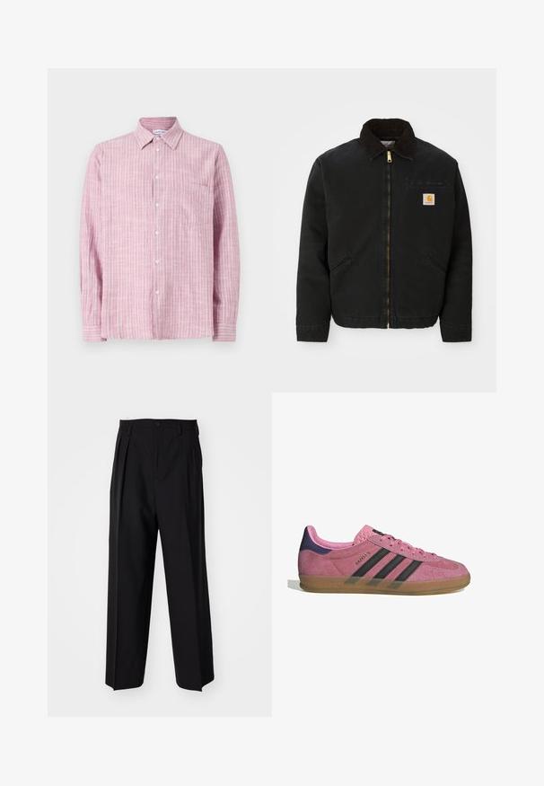 Juodas užtrauktukas švarkas su rudąja kordurojo apykakle, dviem šoninėm kišenėm ir mažas kvadratinis Carhartt logotipo pleistras kairėje krūtinės pusėje.; Šviesiai rožinė marškinėlių su mygtukais ir plonomis horizontaliomis juostelėmis tamsesnėse atspalvėse. Yra apykaklė ir kairėje krūtinės pusėje kišenė, pagaminti iš lengvo audinio.; Juodi klostuoti kelnių, su tiesiu, plačiu kojų dizainu. Pagaminti iš lygios medžiagos, su mygtukų uždarymu ir diržo kilputėmis.; Rožiniai suediniai sportbačiai su juodomis juostelėmis, gumos padas ir tekstūruotas purpurinis kulnas. Yra šnarančios auselės ir įspaustas prekės ženklas šone.