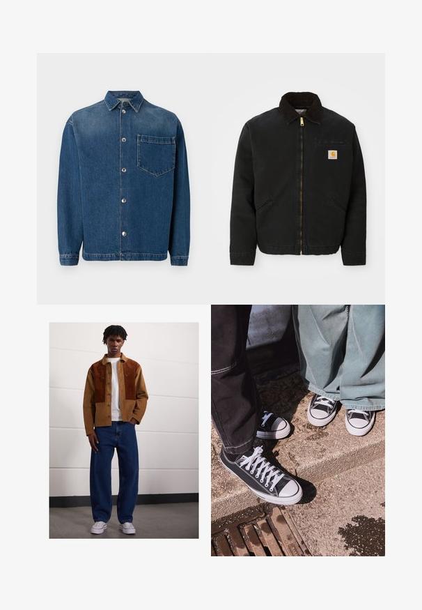Mustan lukuga vest, millel on pruunist kangast krae, kaks küljetaskut ja väike ruudukujuline Carhartti logo patch vasakul rinnal.; Tume sinine teksasärk, millel on nööbist avanev esiosa, krae ja üks rinnaehe. Sile tekstuur ja klassikaline lõige. Hõbedased nööbid kui riistvara.; Mees seisab siseruumides, kandes pruuni rubriikjakki roosteplekkidega, valget T-särki, lahtisi siniseid teksaseid ja valgeid spordijalanõusid.; Mustad musta kangaga madalate tossudega, valgete kummist varvaste ja paeltega, kombineerituna laia rohelise denimpüksiga, tekstureeritud kivi pinna peal.
