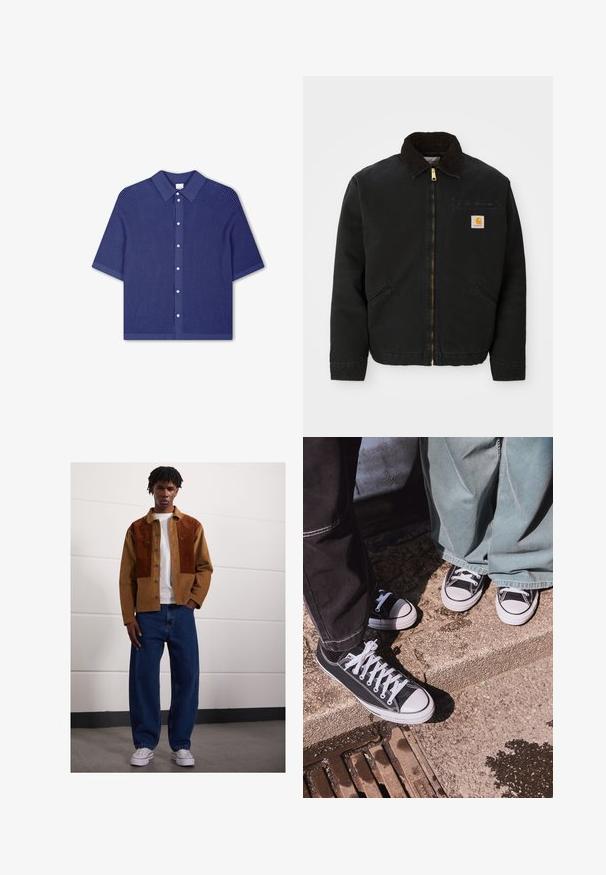 Fekete zipzáras dzseki barna kordbársony gallérral, két oldalsó zsebbe és egy kis négyzet alakú Carhartt logóval a bal mellen.; Rövid ujjú, galléros ing sötét tengerészkék színben, textúrált szőtt mintával és gombos elülső résszel, kör alakú, ezüstszínű gombokkal.; Férfi áll bent egy barna kordbársony dzsekiben rozsdás foltokkal, fehér pólóban, laza kék farmerben és fehér sportcipőben.; Fekete vászon, alacsony szárú sportcipők fehér gumibókos részekkel és fűzőkkel, széles zöld farmernadrággal párosítva, egy textúrált kőfelületen.