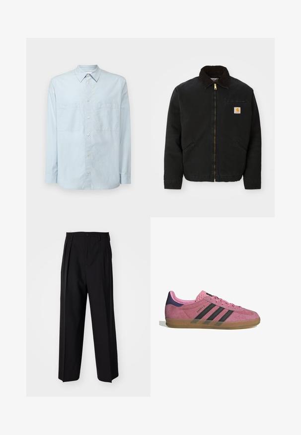 Mustapaita, jossa on ruskea corduroy-kaulus, kaksi sivutaskua ja pieni neliömäinen Carhartt-logopatchi vasemmassa rinnassa.; Vaaleansininen napillinen kauluspaita, joka on valmistettu puuvillasta. Paitassa on klassinen kaulus, pitkät hihat, kaksi rintataskua ja hieman rento istuvuus.; Mustat laskostetut housut, joissa on suora, leveä lahje. Valmistettu sileästä kankaasta, jossa on nappisuljenta ja vyölenkit.; Vaaleanpunaiset mokkanahkakengät mustilla raidoilla, kumipohjalla ja teksturoidulla purppurakorkealla. Varustettu nauhakiinnityksellä ja kohokuvioidulla brändäyksellä sivussa.