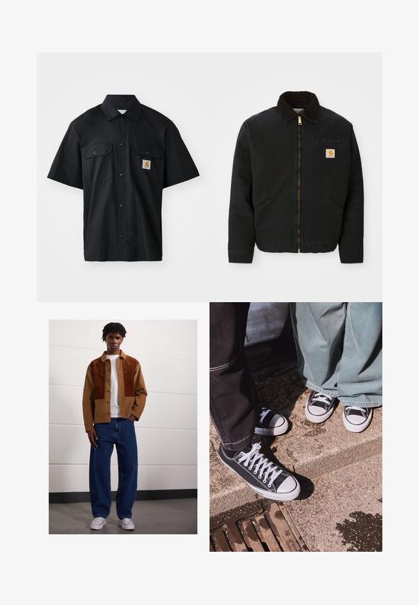 Melns zip-up jaka ar brūnu korduroja apkakli, divām sānu kabatām un mazu kvadrātveida Carhartt logotipa uzšuvumu kreisajā krūtī.; Melnas īsām piedurknēm krekls, izgatavots no austas audumu, ar pogājamu priekšpusi, divām krūšu kabatām un mazu oranžu logotipa uzlīmi.; Vīrietis stāv telpās, ģērbies brūnā korduroja jaciņā ar rūsas pleķiem, baltā T-kreklā, brīvās zilās džinsās un baltās sporta kurpēs.; Melnas kanvas zemo profilu kedas ar baltām gumijas purngaliem un šņorēm, apvienotas ar platām zaļām džinsa biksēm, uz teksturētas akmens virsmas.