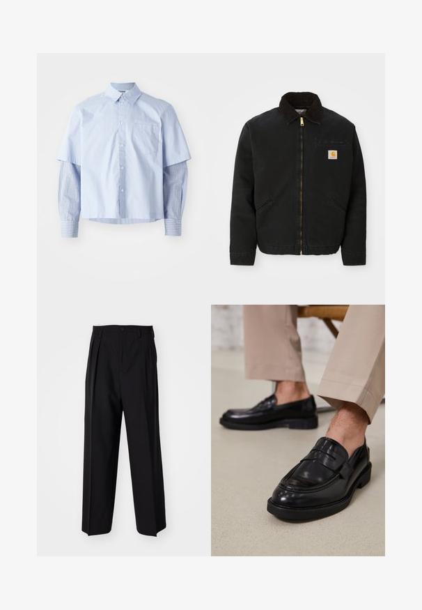 Melns zip-up jaka ar brūnu korduroja apkakli, divām sānu kabatām un mazu kvadrātveida Carhartt logotipa uzšuvumu kreisajā krūtī.; Gaiši zila īsām piedurknēm krekls ar apkakli, kas satur priekšējo kabatu un garām zilām svītrām, radot slāņainu vizuālo kontrastu.; Melnas plisētās bikses ar taisnu, plata kāja dizainu. Izgatavotas no gludas auduma, ar pogu aizdari un jostas cilpiņām.; Melni ādas mokasīni ar gludu virsmu, ar dekoratīvu joslu un kontrastējošām šuvēm, apvienoti ar beidža krāsas biksēm.