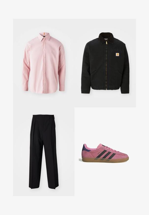 Schwarze zip-up Jacke mit braunem Cordkragen, zwei Seitentaschen und einem kleinen quadratischen Carhartt-Logo-Patch auf der linken Brust.; Langärmliges, hellrosa Hemd aus Baumwolle mit Knopfleiste. Verfügt über einen klassischen Kragen, eine vordere Knopfleiste und ein dezentes gesticktes Logo.; Schwarze, plissierte Hose mit geradem, weitem Bein. Hergestellt aus glattem Stoff, mit Knopfverschluss und Gürtelschlaufen.; Rosa Wildleder-Sneaker mit schwarzen Streifen, Gummisohle und strukturiertem lila Fersenbereich. Verfügt über ein Schnürdesign und geprägte Markenkennzeichnung an der Seite.