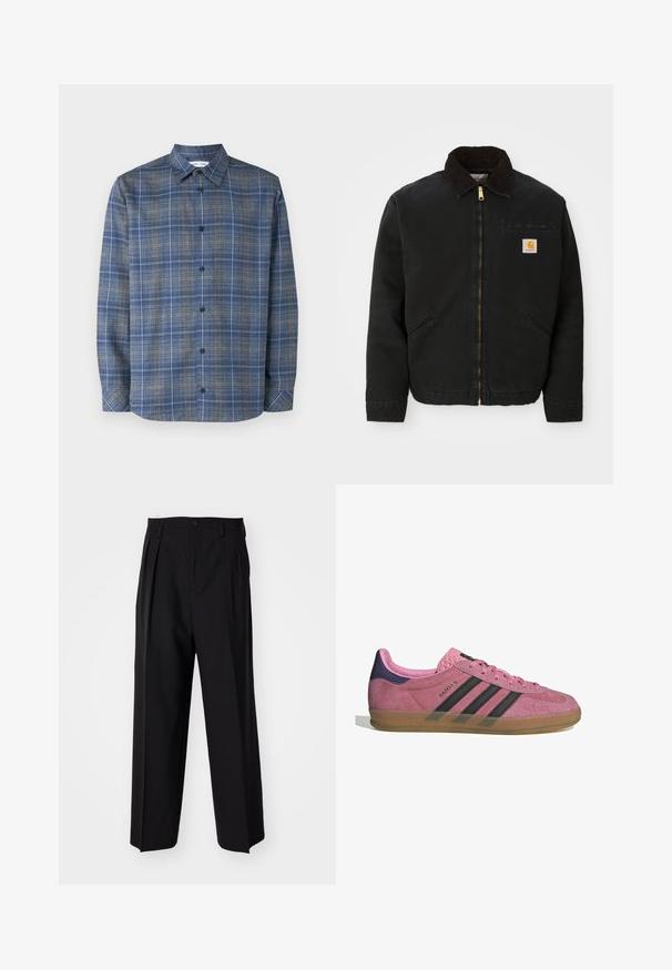 Mustapaita, jossa on ruskea corduroy-kaulus, kaksi sivutaskua ja pieni neliömäinen Carhartt-logopatchi vasemmassa rinnassa.; Sininen ja harmaa ruudullinen paita napilla varustetulla kauluksella, pitkät hihat, edessä napitus ja suora helma. Kevyt kangas.; Mustat laskostetut housut, joissa on suora, leveä lahje. Valmistettu sileästä kankaasta, jossa on nappisuljenta ja vyölenkit.; Vaaleanpunaiset mokkanahkakengät mustilla raidoilla, kumipohjalla ja teksturoidulla purppurakorkealla. Varustettu nauhakiinnityksellä ja kohokuvioidulla brändäyksellä sivussa.