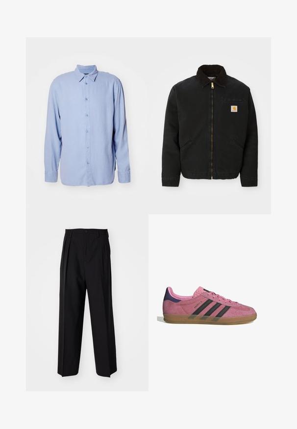 Crna jakna na zip s okovratnikom od smešnog kordura, dva bočna džepa i mala kvadratna oznaka Carhartt na lijevoj strani prsiju.; Svijetloplava košulja s dugim rukavima, izrađena od meke tkanine, s klasičnim ovratnikom i prednjim zatvaračem na dugmad. Minimalistički dizajn, bez uzoraka.; Crne plisirane hlače s ravnim širokim nogavicama. Izrađene od glatkog materijala, s dugmadi za zatvaranje i petljama za remen.; Roze nubuk tenisice s crnim prugama, gumeni potplat i teksturirani ljubičasti petni dio. Imaju vezivanje i utisnuti brend na strani.