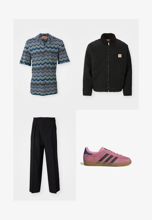Jachetă neagră cu fermoar, guler din piele de căprioară maro, două buzunare laterale și o mică etichetă pătrată cu logo Carhartt pe pieptul stâng.; Cămașă cu mânecă scurtă, cu butoni, având un model în zigzag în nuanțe de navy, verde și albastru deschis, confecționată dintr-un material texturat. Etichetă la guler.; Pantaloni negri plisat cu un design drept și pantaloni largi. Construiți dintr-un material neted, prevăzuți cu închidere cu nasture și bucle pentru curea.; Tenisi roz din suede cu dungi negre, talpă din cauciuc și toc texturat violet. Prezintă un design cu șireturi și un logo embosat pe lateral.