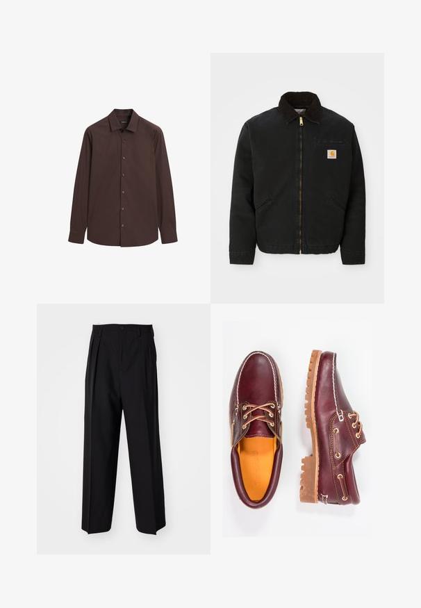 Zwarte ritsjack met een bruine corduroy kraag, twee zijzakken en een klein vierkant Carhartt logo-patch op de linkerborst.; Massimo Dutti SLIM FIT STRETCH - Overhemd - dark brown; Zwarte geplooide broeken met een rechte, brede pijpontwerp. Gemaakt van soepele stof, met een knoopsluiting en riemlussen.; Bordeaux leren schoenen met bruine rubberen zolen, ronde neus, witte stiksels en gouden veterogen. Het interieur heeft een gele voering.