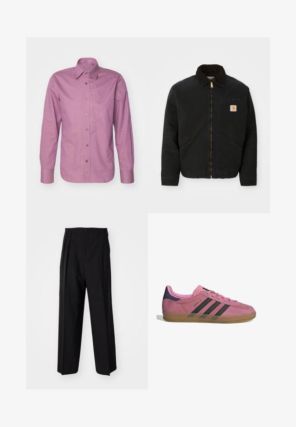 Juodas užtrauktukas švarkas su rudąja kordurojo apykakle, dviem šoninėm kišenėm ir mažas kvadratinis Carhartt logotipo pleistras kairėje krūtinės pusėje.; Ilgų rankovių marškiniai iš vientiso šviesiai rožinio audinio su subtiliu geometriniu raštu, su mygtukų apykakle ir metaliniais mygtukais.; Juodi klostuoti kelnių, su tiesiu, plačiu kojų dizainu. Pagaminti iš lygios medžiagos, su mygtukų uždarymu ir diržo kilputėmis.; Rožiniai suediniai sportbačiai su juodomis juostelėmis, gumos padas ir tekstūruotas purpurinis kulnas. Yra šnarančios auselės ir įspaustas prekės ženklas šone.