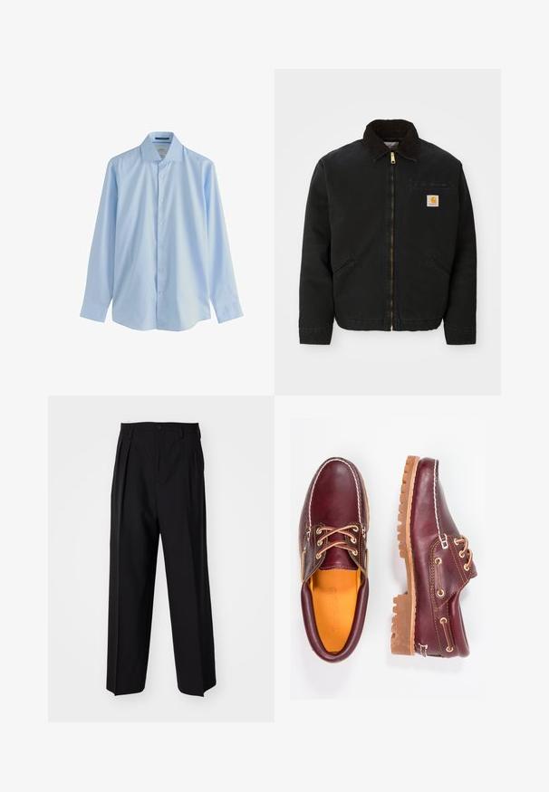 Czarna kurtka zapinana na zamek z brązowym kołnierzem z kordurowej tkaniny, dwa boczne kieszenie oraz mała, kwadratowa naszywka z logo Carhartt na lewej piersi.; Jasnoniebieska koszula z długim rękawem zapinana na guziki, wykonana z gładkiego materiału, z kołnierzykiem w szpic i siedmioma guzikami z przodu, charakteryzująca się luźnym krojem i mankietami.; Czarne plisowane spodnie o prostym, szerokim kroju nogawek. Wykonane z gładkiego materiału, z zapięciem na guzik i pętelkami na pasek.; Bordowe skórzane buty z brązowymi gumowymi podeszwami, okrągły czubek, białe przeszycia i złote oczka. Wnętrze posiada żółtą podszewkę.