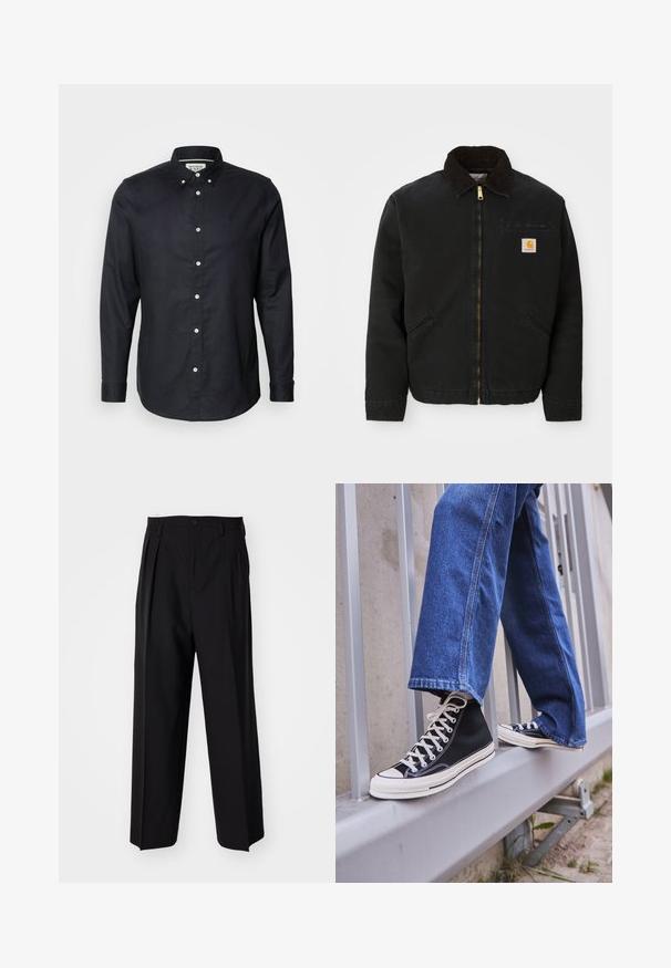 Sort zip-up jakke med brun kordfløjlskrave, to sidelommer og et lille firkantet Carhartt logo patch på venstre bryst.; Scotch & Soda CORE OXFORD SOLID - Skjorter - black; Sorte plisserede bukser med et lige, bred ben-design. Fremstillet af glat stof, med en knaplukning og bæltesløjfer.; Sorte høj-top sneakers med hvid sål og snørebånd, parret med løse blå denimjeans, hvilende på et gråt gelænder.
