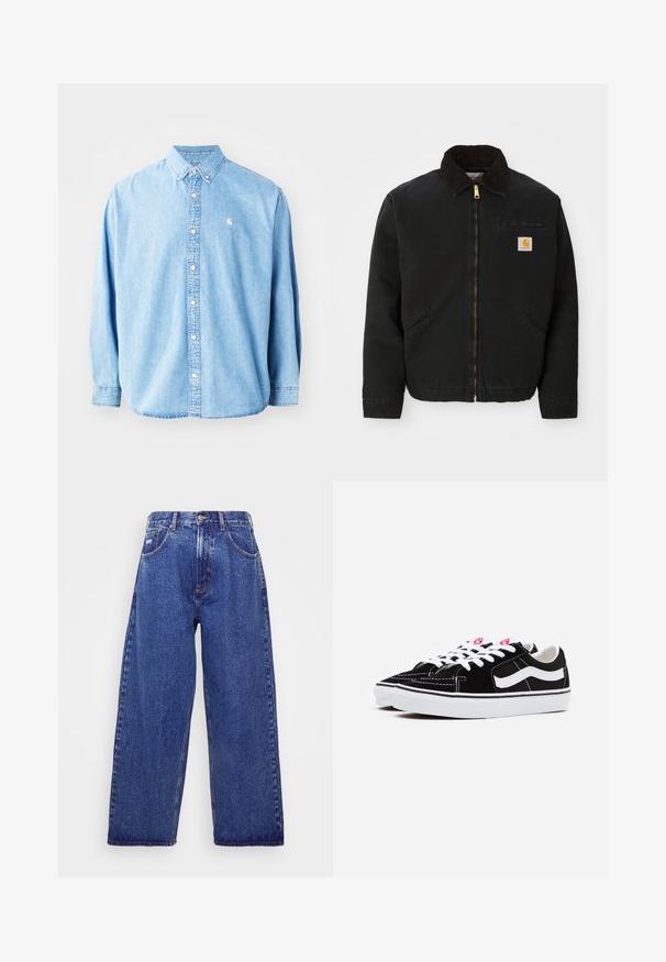 Czarna kurtka zapinana na zamek z brązowym kołnierzem z kordurowej tkaniny, dwa boczne kieszenie oraz mała, kwadratowa naszywka z logo Carhartt na lewej piersi.; Jasnoniebieska koszula z dżinsu zapinana na guziki, z długimi rękawami, wyprofilowanym kołnierzykiem i małym logo po lewej stronie na klatce piersiowej. Posiada luźny krój i klasyczny design.; Szerokie, niebieskie dżinsy z wysokim stanem, z pięcioma kieszeniami, zapięciem na guzik i delikatnym wyblaknięciem dla uzyskania faktury.; Czarne zamszowe sneakersy z białymi sznurówkami, z wyraźnym białym paskiem po boku i czarną gumową podeszwą, prezentujące kontrastowe szwy.