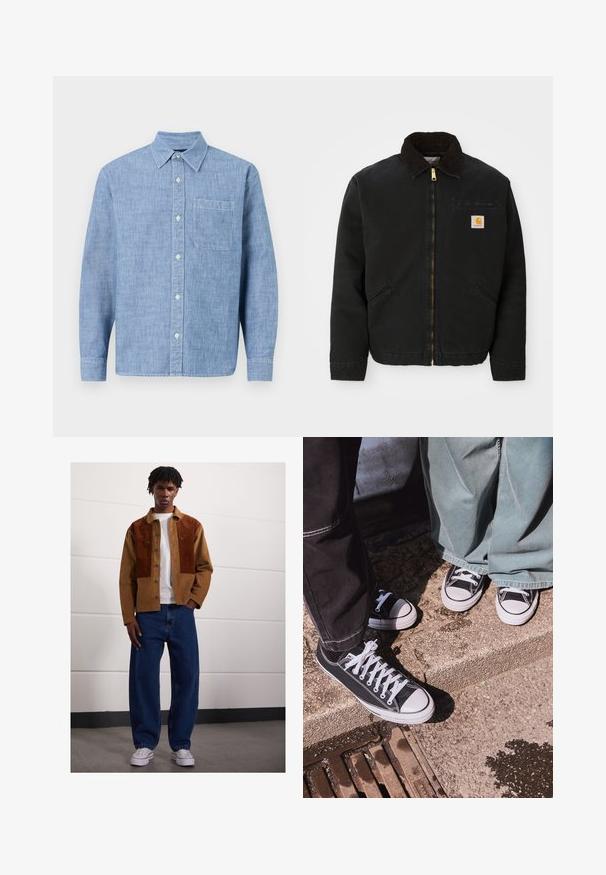 Zwarte ritsjack met een bruine corduroy kraag, twee zijzakken en een klein vierkant Carhartt logo-patch op de linkerborst.; Lichtblauw, langekmouwen overhemd met knoopsluiting, gemaakt van textuurstof. Beschikt over een kraag, een borstzak en knoopsluiting aan de voorkant.; Man die binnen staat en een bruine corduroyjas met roestvlekken, een wit T-shirt, losse blauwe spijkerbroeken en witte sneakers draagt.; Zwarte canvas lage sneakers met witte rubberen neusdeksels en veters, gecombineerd met brede groene denim broeken, op een gestructureerd stenen oppervlak.
