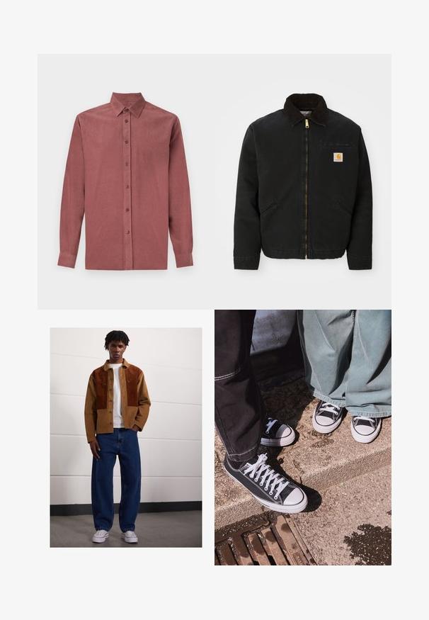Schwarze zip-up Jacke mit braunem Cordkragen, zwei Seitentaschen und einem kleinen quadratischen Carhartt-Logo-Patch auf der linken Brust.; Langärmliges Hemd aus dunkelrosafarbenem Stoff, mit Knopfverschluss, klassischem Kragen und gerippter Textur.; Mann steht drinnen und trägt eine braune Cordjacke mit Rostflecken, ein weißes T-Shirt, lockere blaue Jeans und weiße Sneakers.; Schwarze Canvas-Sneaker mit niedrigen Schnürsenkeln und weißen Gummispitzen, kombiniert mit weiten grünen Jeanshosen, auf einer strukturierten Steinoberfläche.