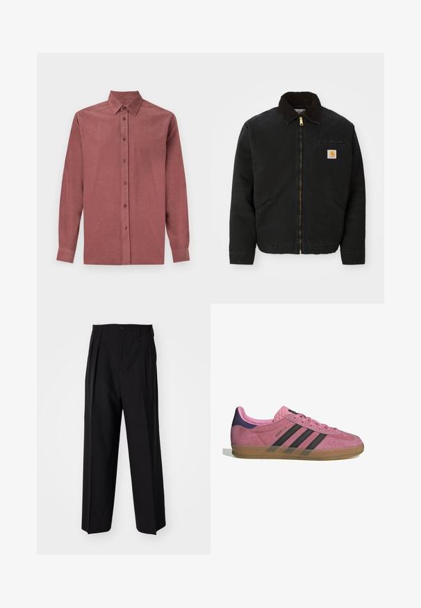 Schwarze zip-up Jacke mit braunem Cordkragen, zwei Seitentaschen und einem kleinen quadratischen Carhartt-Logo-Patch auf der linken Brust.; Langärmliges Hemd aus dunkelrosafarbenem Stoff, mit Knopfverschluss, klassischem Kragen und gerippter Textur.; Schwarze, plissierte Hose mit geradem, weitem Bein. Hergestellt aus glattem Stoff, mit Knopfverschluss und Gürtelschlaufen.; Rosa Wildleder-Sneaker mit schwarzen Streifen, Gummisohle und strukturiertem lila Fersenbereich. Verfügt über ein Schnürdesign und geprägte Markenkennzeichnung an der Seite.