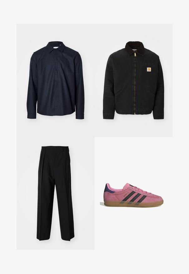 Juodas užtrauktukas švarkas su rudąja kordurojo apykakle, dviem šoninėm kišenėm ir mažas kvadratinis Carhartt logotipo pleistras kairėje krūtinės pusėje.; Tamsiai mėlynas ilgo rankovės marškinys su klasikiniu apykakle, priekyje mygtukų uždarymas ir glotni tekstūra su pritaikytu siluetu.; Juodi klostuoti kelnių, su tiesiu, plačiu kojų dizainu. Pagaminti iš lygios medžiagos, su mygtukų uždarymu ir diržo kilputėmis.; Rožiniai suediniai sportbačiai su juodomis juostelėmis, gumos padas ir tekstūruotas purpurinis kulnas. Yra šnarančios auselės ir įspaustas prekės ženklas šone.