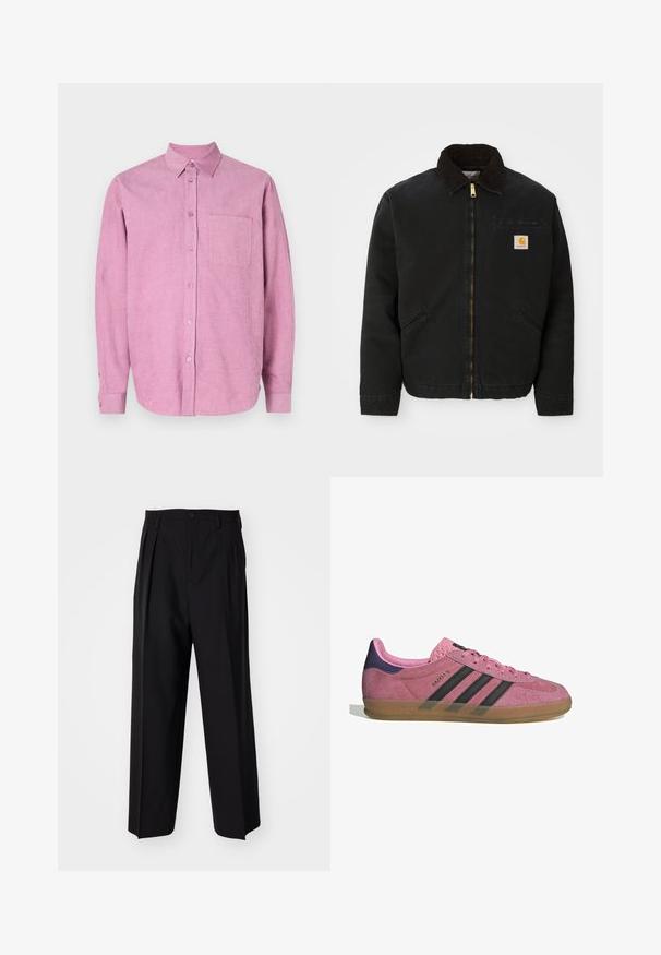 Chaqueta negra con cremallera y cuello de pana marrón, dos bolsillos laterales y un pequeño parche cuadrado con el logo de Carhartt en el lado izquierdo del pecho.; Camisa de pana rosa con cuello tipo botón, mangas largas y un bolsillo en el pecho. Presenta acanalado vertical y cierre frontal de botones.; Pantalones negros plisados con un diseño recto y de pierna ancha. Fabricados en una tela suave, presentan un cierre de botón y trabillas para el cinturón.; Zapatilla de ante rosa con rayas negras, suela de goma y talón texturizado púrpura. Cuenta con un diseño de cordones y una marca grabada en el lateral.